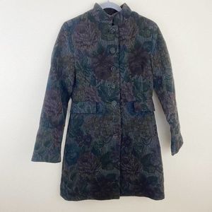 EXPRESS Vintage Women's Gray, Blue & Purple Floral Tapestry Trench or Pea Coat